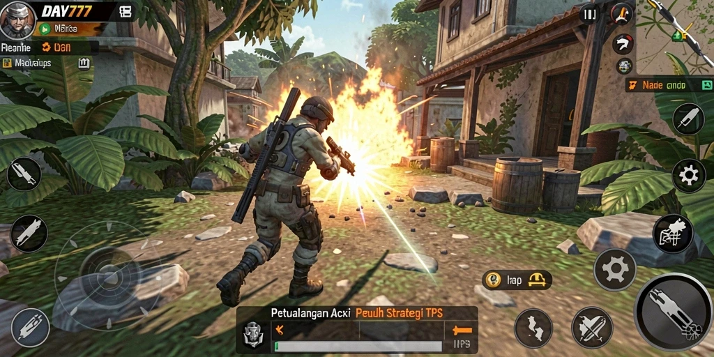 Screenshot utama DAY777 menunjukkan aksi seru dalam permainan TPS.
