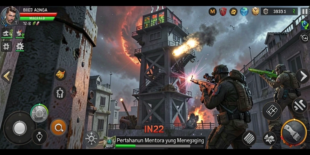 Tampilan gameplay IN22 yang menunjukkan pertarungan menara pertahanan yang intens.