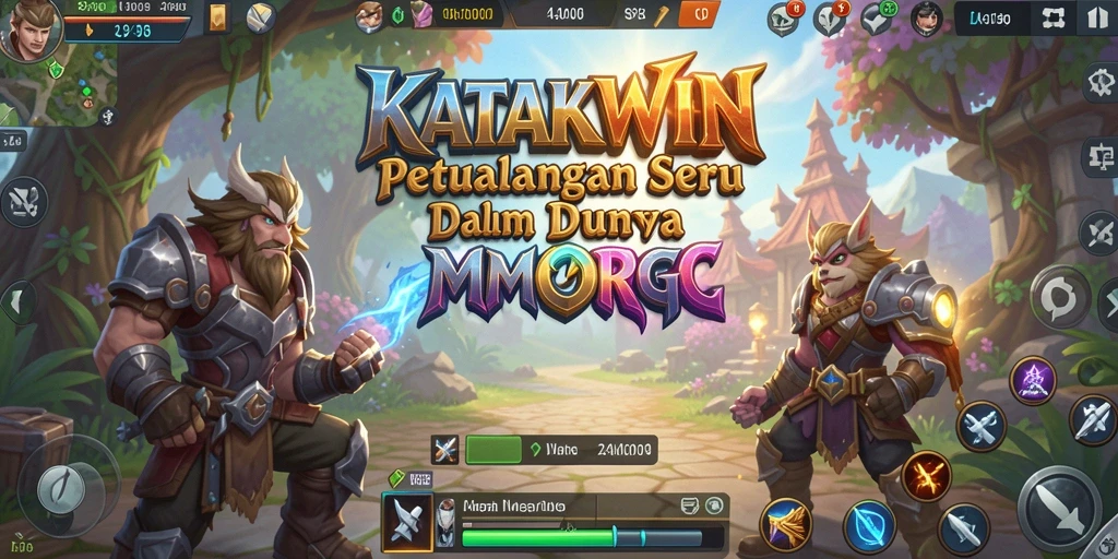 Screenshot utama KATAKWIN menampilkan pemain yang bertarung di dunia fantasi yang luas.