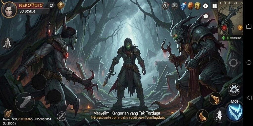 Tangkapan layar gameplay NEKOTOTO yang menegangkan dan misterius.