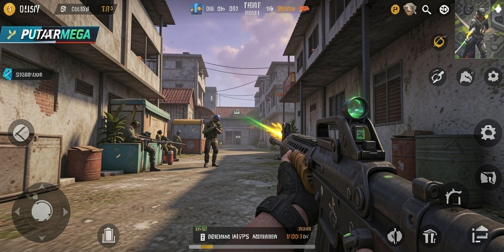 Screenshot utama PUTARMEGA menampilkan aksi intens dalam permainan FPS.