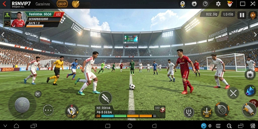 Screenshot gameplay RSNVIP7 menampilkan aksi seru di lapangan sepak bola.