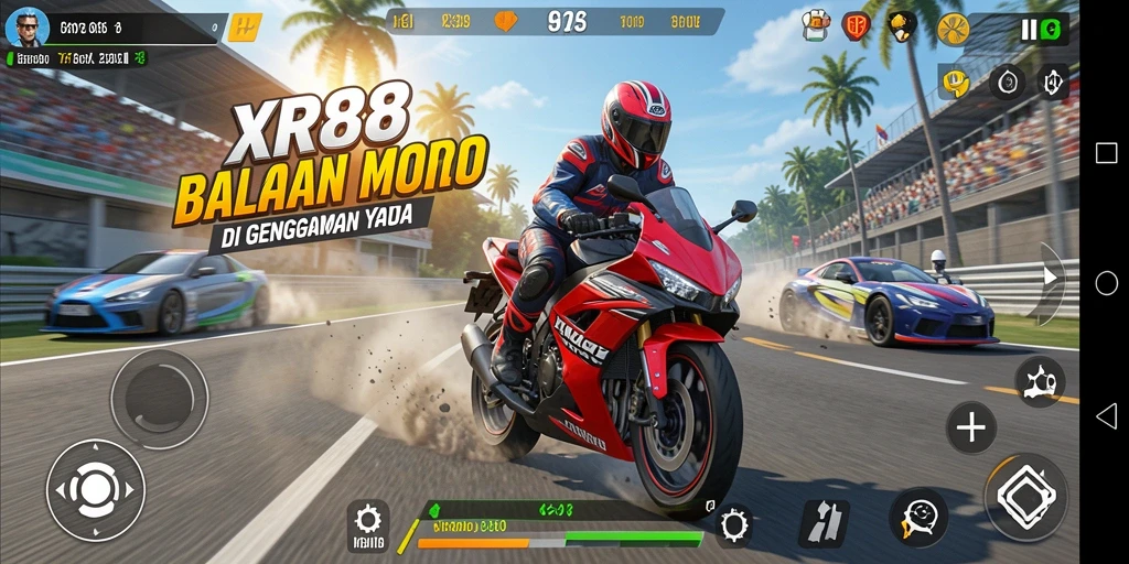 Screenshot utama XR88 menunjukkan balapan motor yang mendebarkan dan beraksi.